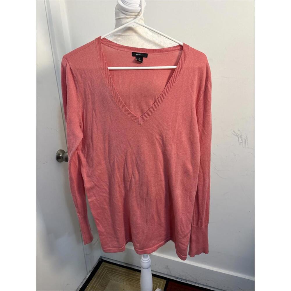 Halogen Pima Cotton Viscose Sweater Large Coral V Neck Colorful Carrier Luxury